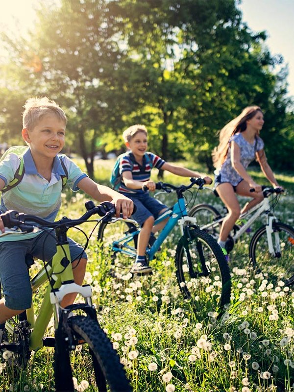 Kinder auf Fahrrädern auf einer Wiese